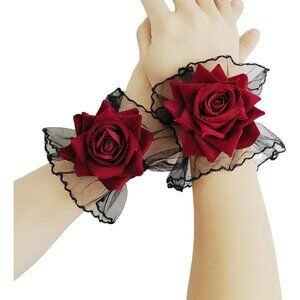 Gothic Rose Lace Gloves Lolita Hand Sleeve Black Lace Elastic Bracelet Wine Red